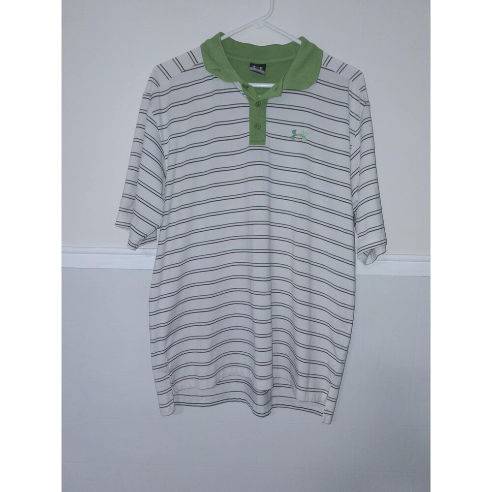 Under Armour Polo Shirt Mens Medium Green White Stripes Performance Stretch Golf